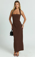 Salome Midi Dress - Halter Neck Column Dress in Chocolate
