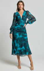 Artelia Midi Dress - V Neck Long Sleeve Slip Dress in Emerald