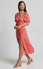 Caitlin Midi Dress - Puff Sleeve Thigh Split Dress in Orange