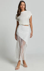 Carina Midi Skirt - Mid Waist Lace Asymmetrical Skirt in Ivory