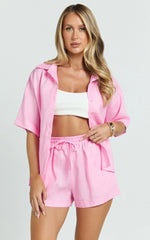 Ramona Linen Shorts - Drawstring Linen Shorts in Pink