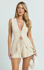 Olivia Top - Longline Linen V Neck Back Tie Vest Top in Natural