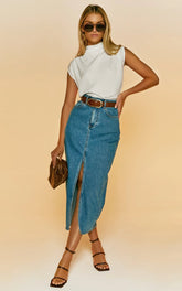 Anaya Midi Skirt - Denim Skirt in Mid Blue Wash