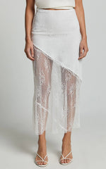 Carina Midi Skirt - Mid Waist Lace Asymmetrical Skirt in Ivory