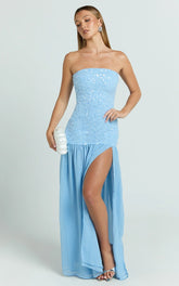 Georgina Maxi Dress - Sequin Strapless Front Split Dress in Blue