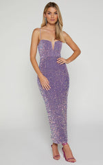 Rayner Midi Dress - V Bar Sequin Bodycon Dress in Lilac