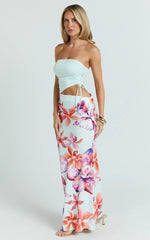 Fergie Maxi Dress - Strapless Side Ruched Cut Out Fitted Dress in Ocean Orchid