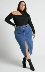 Janeve Midi Skirt - Front Split Denim Skirt in Dark Blue