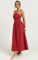 Polly Midi Dress - Strapless Ruched Dress in Red