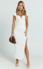 Farrow Midi Dress - Cap Sleeve Ruched Bust Fitted Dress in Off White