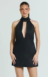 Polly Mini Dress - High Neck Keyhole Shift Dress in Black