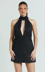 Polly Mini Dress - High Neck Keyhole Shift Dress in Black