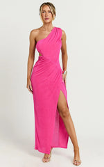 Cristle Midi Dress - One Shoulder Side Cut Out Thigh Split Dress in Hot Pink