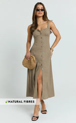 Cameron Midi Dress - Button Front Tie Back Dress in Mocha