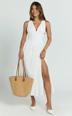 Lainey Midi Dress - Embroidered V Neck Corset Drop Waist Fit And Flare Dress in White