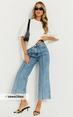 Jolene Jeans - Mid Rise Wide Leg Recycled Denim Cropped Jeans in Mid Blue Wash