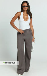 Grace Pants - Low Rise Elasticated Waist Wide Leg Pants in Slate Grey