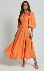 Rhyne Midi Dress - Asymmetric Puff Sleeve Side Cut Out A Line Dress in Papaya