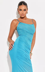 Rosalez Midi Dress - Strappy Ruched Bodycon Dress in Blue