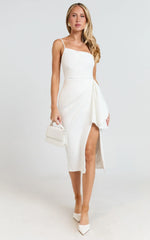 Marcelita Midi Dress - One Shoulder Drape Detail Faux Wrap Dress in White