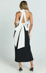 Kaitlin Midi Dress - Contrast Halter Plunge Tie Back Fitted Dress in Black