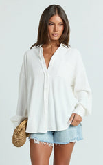 Leanne Top - Button Down Linen Blend Long Sleeve Shirt in White