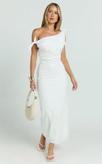 Cincinnati Midi Dress - Off The Shoulder Side Split Column Linen Dress in White