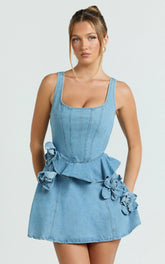 Delia Mini Dress - Denim Fit And Flare Dress in Light Blue Wash