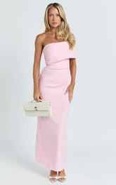 Pearce Maxi Dress - Gathered One Sleeve Bodycon Dress in Pale Pink