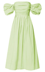 Annie Midi Dress - Off The Shoulder Ruffle Sleeve Pleated Dress in Lime