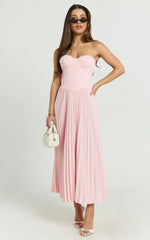 Loretta Midi Dress - Lace Up Back Bustier Pleated Dress in Soft Pink
