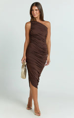 Lovlin Midi Dress - One Shoulder Ruched Dress in Chocolate