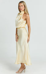 Minnie Midi Dress - Drape Neck Satin Slip Dress in Butter Yellow
