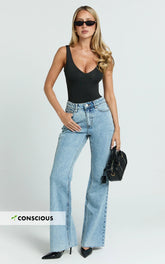 Jacqueline Jeans - High Waisted Relaxed Recycled Denim Bootcut Jeans in Mid Blue Wash