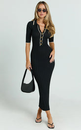 Lada Midi Dress - Short Sleeve Button Front Knit Dress in Black