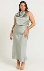 Minnie Midi Dress - Drape Neck Satin Slip Dress in Sage