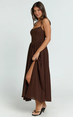 Morris Midi Dress - Linen Scoop Neck Gathered Dress in Chocolate