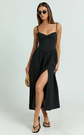 Maddie Midi Dress - Sweetheart Fit And Flare Gathered Dress in Black