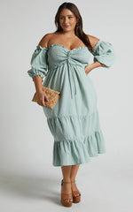 Nikka Midi Linen Blend Dress - Shirred Off Shoulder Puff Sleeve Dress in Sage