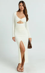 Delaney Midi Dress - Long Sleeve Twist Front Bodycon Dress in Cream
