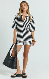 Brenda Top - Textured Stripe Drop Shoulder Button Down Shirt in White/Black