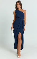 Namaari Midi Dress - Faux Wrap One Shoulder Dress in Navy