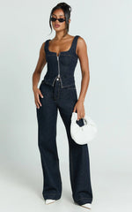 Bellerose Top - Front Zip Denim Fitted Top in Raw Denim with Tobacco Stitch