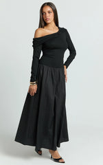 Lorna Midi Dress - One Shoulder Long Sleeve Dress in Black