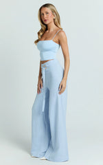Kyra Pants - Linen Look Belted Wide Leg Pants in Blue