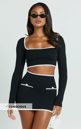 Riri Mini Skirt - Mid Waisted Recycled Knit Skirt in Black