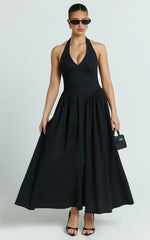 Athena Midi Dress - Halter Drop Waist Dress in Black