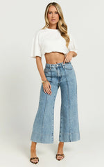 Jolene Jeans - Mid Rise Wide Leg Recycled Denim Cropped Jeans in Mid Blue Wash