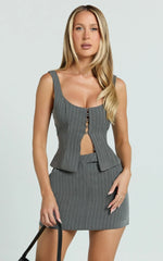 Fiona Mini Skort - Pinstripe Waistband Fly Front Fitted Skirt in Dark Grey