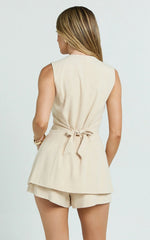 Olivia Top - Longline Linen V Neck Back Tie Vest Top in Natural